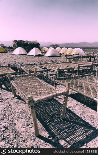 danakil ethiopia africa in the national park camping for tourist and typical oitside wooden bed made of wicker