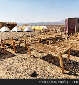 danakil ethiopia africa in the national park camping for tourist and typical oitside wooden bed made of wicker . ethiopia africa in the national park camping for tourist