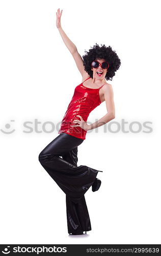 Dancer in black afro wig on white
