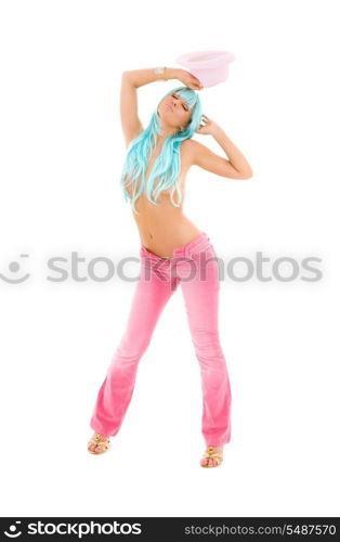 dancing girl in pink with blue hair over white