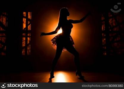 dancing girl silhouette in a short dress low light generative ai.
