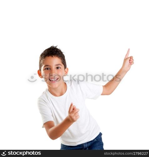 dancing happy children kid boy with fingers up isolated on white