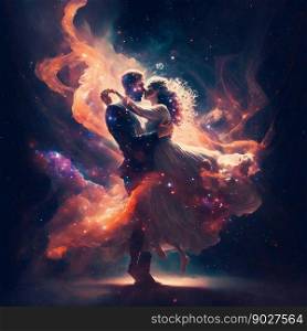 Dancing lovers in magic space background. Generative Ai. High quality illustration. Dancing lovers in magic space background. Generative Ai
