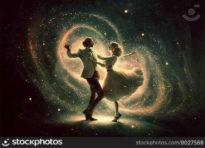 Dancing lovers in magic space background. Generative Ai. High quality illustration. Dancing lovers in magic space background. Generative Ai
