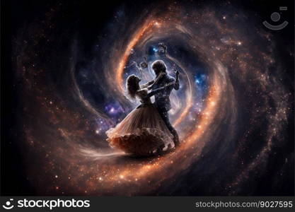 Dancing lovers in magic space background. Generative Ai. High quality illustration. Dancing lovers in magic space background. Generative Ai