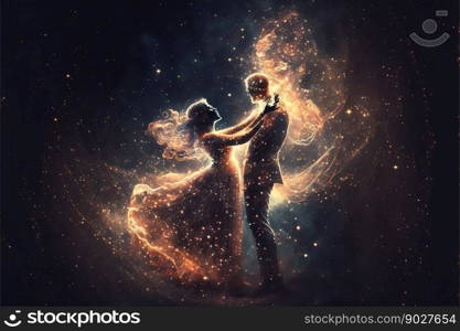 Dancing lovers in magic space background. Generative Ai. High quality illustration. Dancing lovers in magic space background. Generative Ai