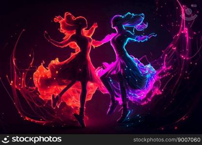 Dancing modern girl moving in colorful neon  light. Generative AI 