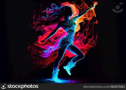 Dancing modern girl moving in colorful neon  light. Generative AI

