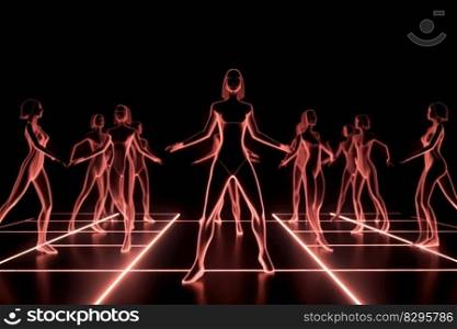 dancing neon cyber girls red hologram generative ai.