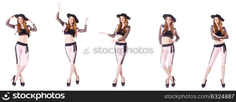 Dancing redhead woman toreador isolated on white