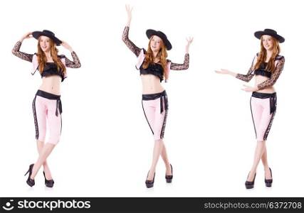 Dancing redhead woman toreador isolated on white