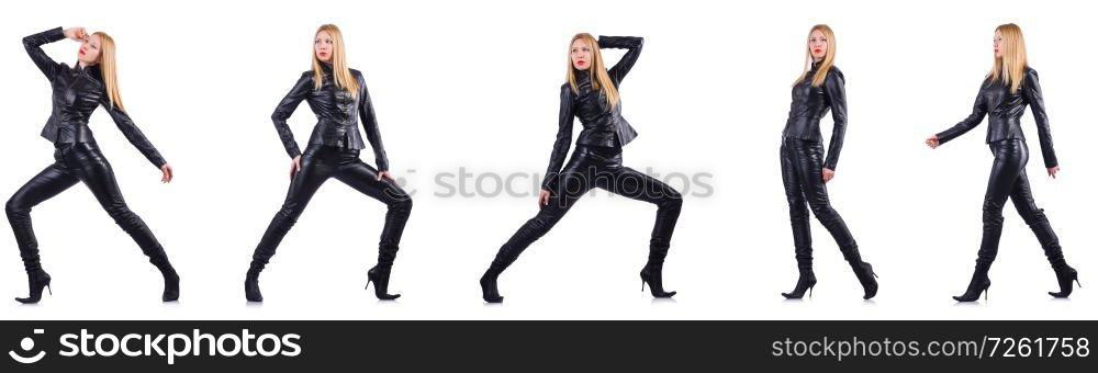 Dancing woman in black leather costume
