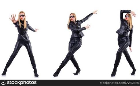 Dancing woman in black leather costume