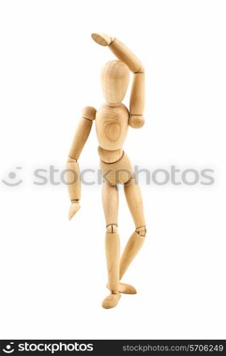 Dancing wooden dummy isolated on white background