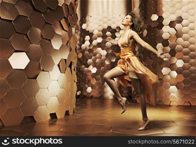 Dancing young lady wearing fabulous dress