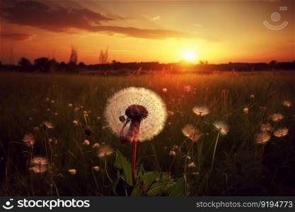 Dandelion field sunset. Plant seed. Generate Ai. Dandelion field sunset. Generate Ai