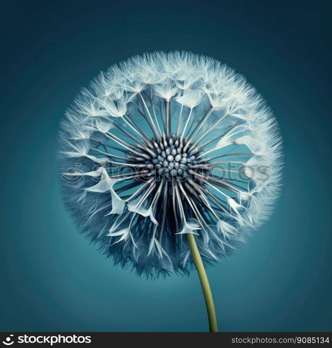 Dandelion Flower on Blue Background. Illustration Generative AI. Dandelion Flower on Blue Background. Illustration AI Generative