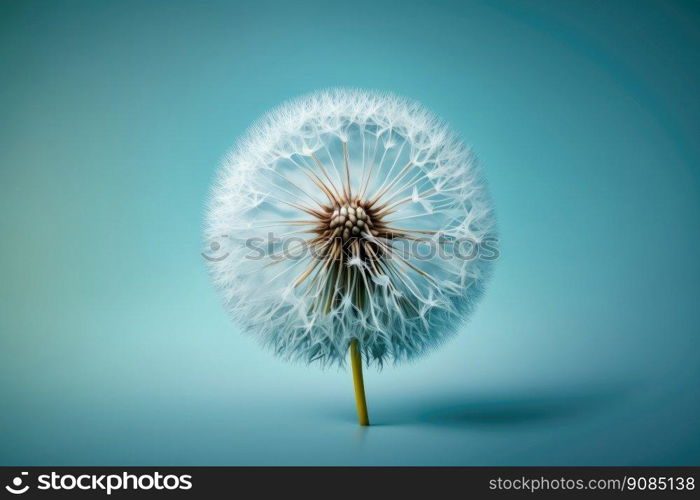 Dandelion Flower on Blue Background. Illustration Generative AI. Dandelion Flower on Blue Background. Illustration AI Generative