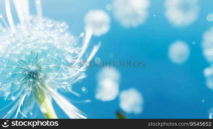 Dandelion Seeds in Water Droplets on Blue and Turquoise Nature Background. Generative AI.