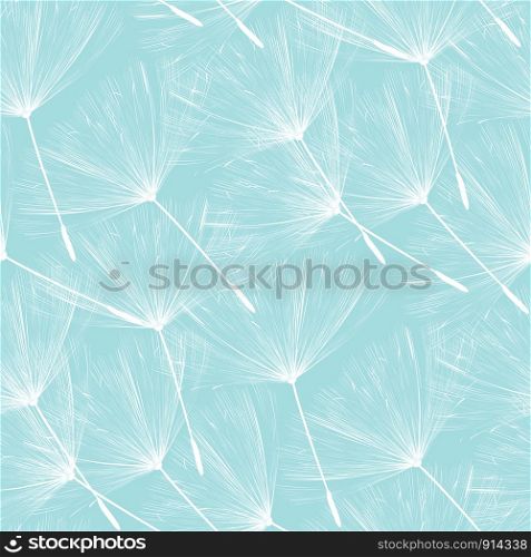 Dandelions floating over blue, vector seamless pattern