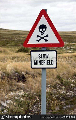 Danger Minefield sign near a road in the Falkland Islands (Islas Malvinas).