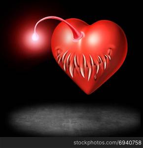 Danger of love and sexually transmitted disease or std risk medicine concept as a valentine heart shaped as an angler fish as a 3D illustration.