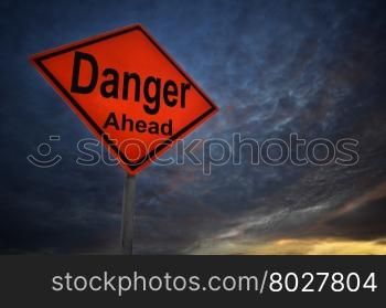 Danger warning road sign with storm background