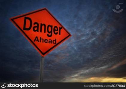 Danger warning road sign with storm background