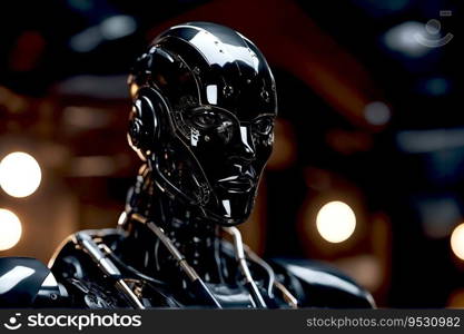 Dangerous AI - Aggressive Looking Black Colored Male Android Robot with Dark Eyes, created with Generative AI technology   