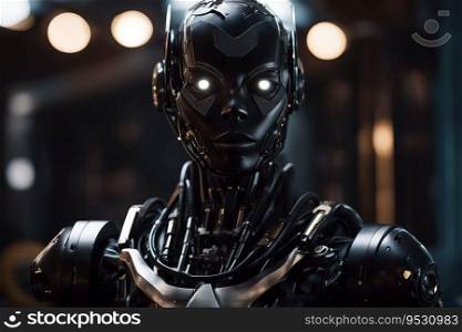 Dangerous AI – Aggressive Looking Black Female Android Robot with Shiny White Eyes, created with Generative AI technology   