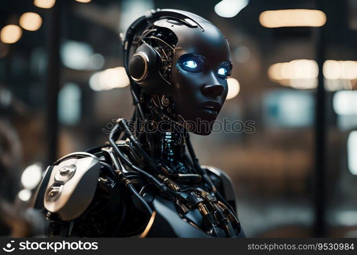 Dangerous AI - Black Female Android Robot with Evil Shiny Blue Eyes, created with Generative AI technology   