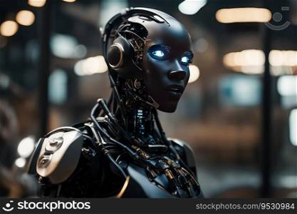 Dangerous AI - Black Female Android Robot with Evil Shiny Blue Eyes, created with Generative AI technology   