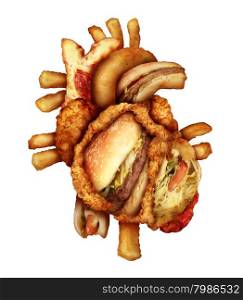 Dangerous heart diet and unhealthy food concept with human cardiovascular anatomy organ made from unhealthy and fried fast food as fries and burgers as a metaphor for dieting and nutrition problems.