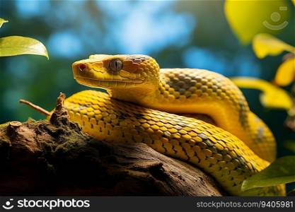 Dangerous Yellow Pattern Snake in Forest Jungle with Nature View Background on Bright Day