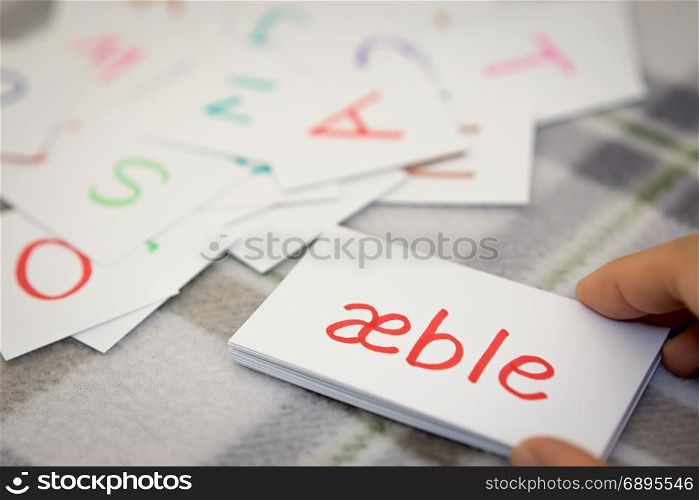 Danish; Learning the New Word with the Alphabet Cards; Writing APPLE