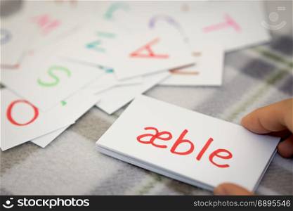 Danish; Learning the New Word with the Alphabet Cards; Writing APPLE