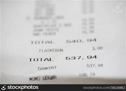 Danish shpping receipt. Shopping receipt with danish words and numbers in danish krones