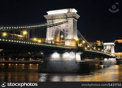 Danube river and Szechenyi Chain Bridge at night. Budapest, Hungary.