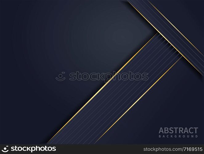 Dark abstract background with dark blue overlap layers and gold lines. Vector illustration