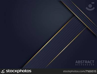 Dark abstract background with dark blue overlap layers and gold lines. Vector illustration