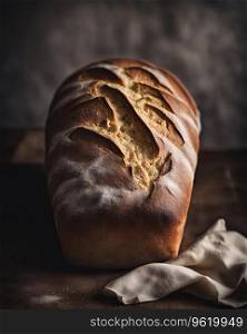 Dark and moody photo of a fresh loaf of sourdough bread, generated by AI