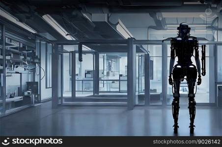 Dark back view of a futuristic cyborg in the glass box of a strictly geometrically designed laboratory with medical equipment, made with generative ai