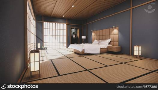 Dark blue bedroom japanese design on tropical room interior and tatami mat floor. 3D rendering