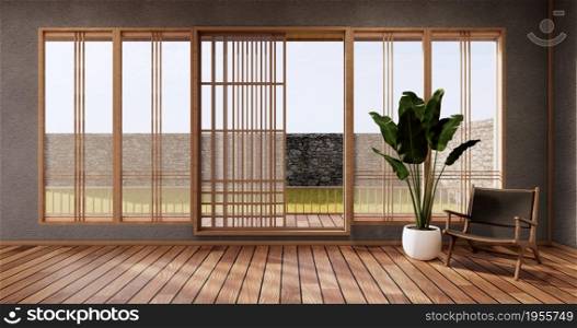 Dark blue bedroom japanese design on tropical room interior and tatami mat floor. 3D rendering