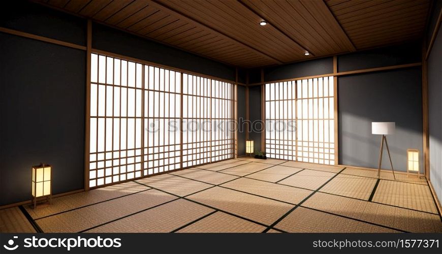 Dark blue color japan interior design,modern living room. 3d illustration, 3d rendering