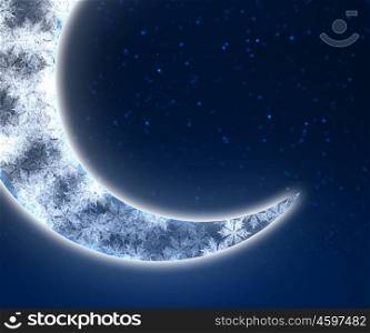 Dark blue night sky background with moon and twinkling stars