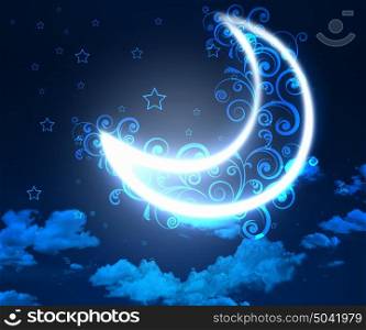 Dark blue night sky background with moon and twinkling stars