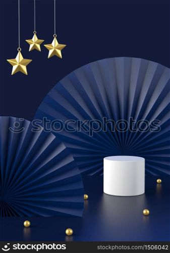 Dark Blue Podium for show Luxury Premium products, modern minimalist Concept with abstract China paper background, Star from sky and golden ball on the floor, 3D illustration.