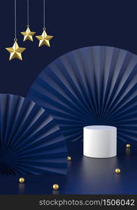 Dark Blue Podium for show Luxury Premium products, modern minimalist Concept with abstract China paper background, Star from sky and golden ball on the floor, 3D illustration.