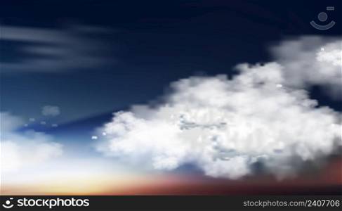 Dark blue sunset sky panorama with Cumulus clouds.Sunset sky in evening ,Dramatic twilight landscape sky, illustration horizon banner gloomy sky before night for four season background